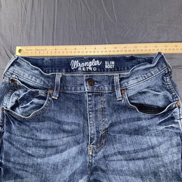 Wrangler Retro Jeans Mens 30x30 Blue Slim Boot Bootcut Stretch Denim Distressed - Picture 5 of 11